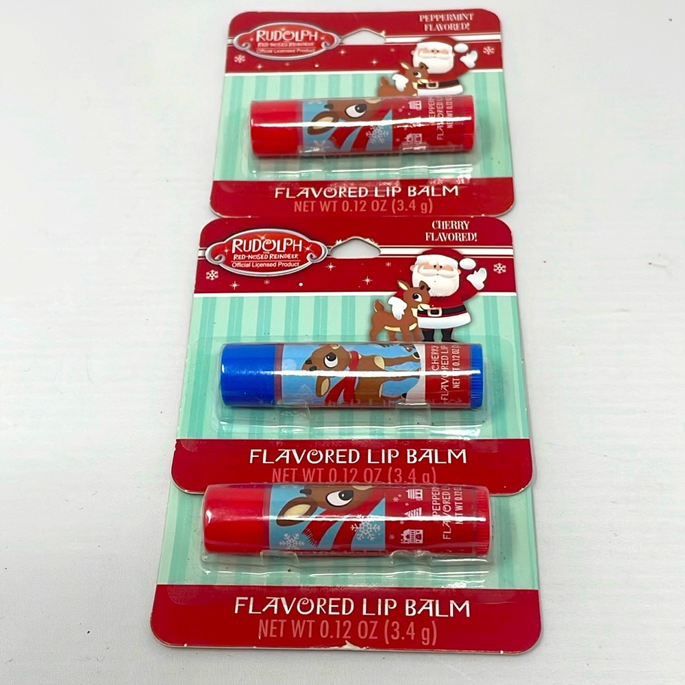 Rudolph the Red Nosed Reindeer Cherry and Peppermint Flavored Lip Balm NIP lot 3